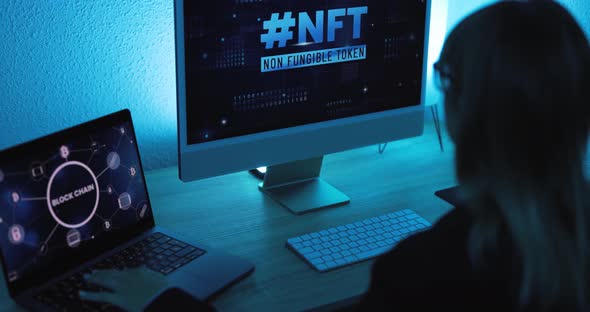 Young woman buying NFT on Blockchain market - New Technology Token Concept