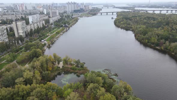 Dnipro River Near Kyiv City, Ukraine Aerial View. Dnieper, Kiev