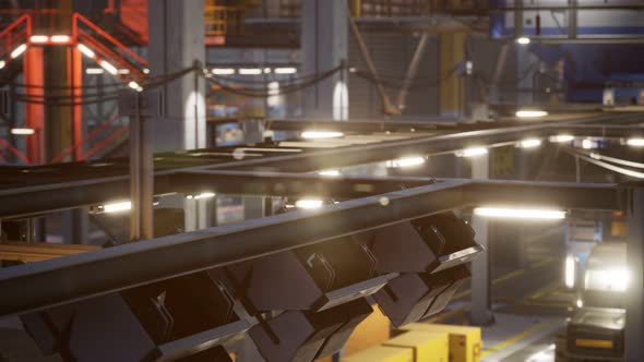 Interior of Car Factory with a Production Line alt