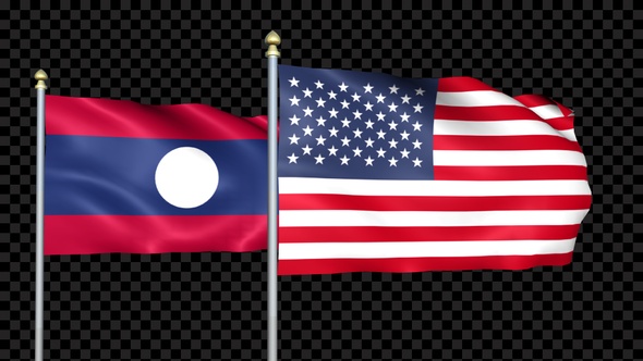 Laos And United States Two Countries Flags Waving