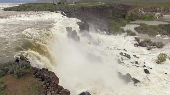 Aerial view of huge overflow waterfall at Magic Reservoir