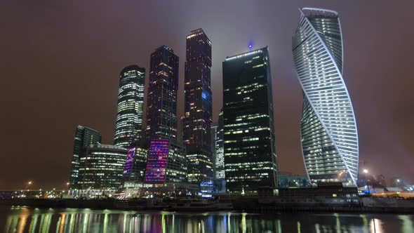 Skyscrapers International Business Center City Night Timelapse Hyperlapse Moscow Russia