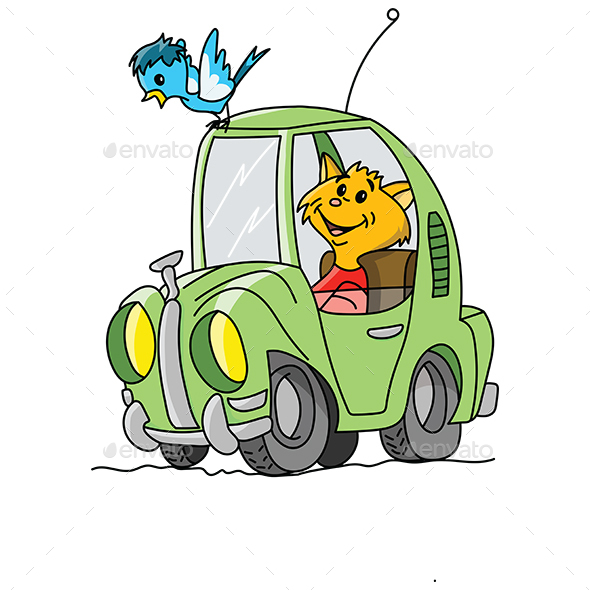 Cartoon Cat Driving a Green Car Vector Illustration