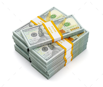  stack of new new 100 US dollars 2013 edition banknotes (bills) bundles isolated on white background money stack on white