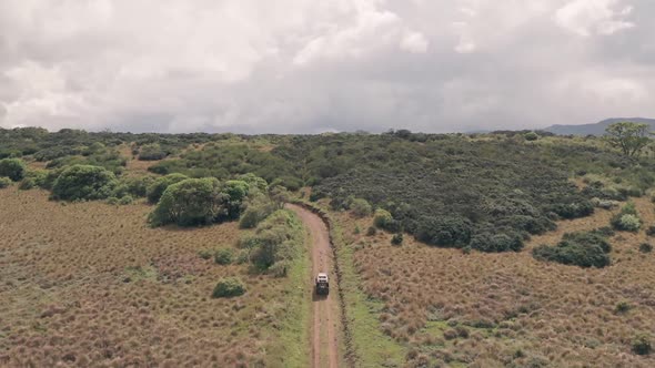 Driving in Aberdare National Park, Kenya, Africa. Aerial drone view follow