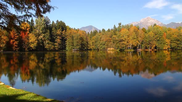 Autumn Park and Lake in Sunny Weather