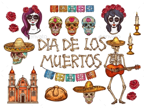 Dia De Muertos Mexican Day of Dead Sketch Symbols
