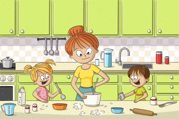 Mother and Children Cooking