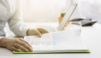 ecking financial reports, business management and finance concept