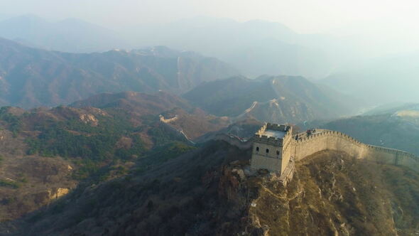 Great Wall of China and Green Mountains in Sunny Day
