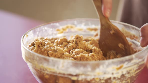 Man making vegan meat. Process, how to cook seitan