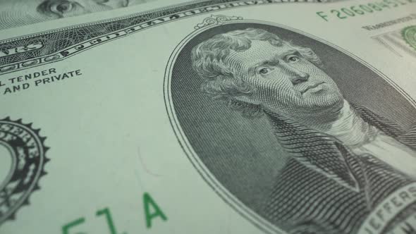 Third President of the United States Thomas Jefferson on 2 USD Banknote. Macro Shot. Business and
