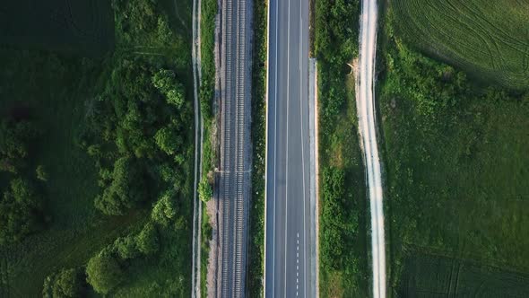 Aerial View, Railway and Road in Rural Landscape.