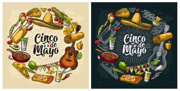 Circle Shape Set Mexican Food Engraving
