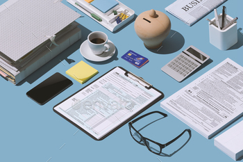 on the office desk, finance and accounting concept, isometric objects