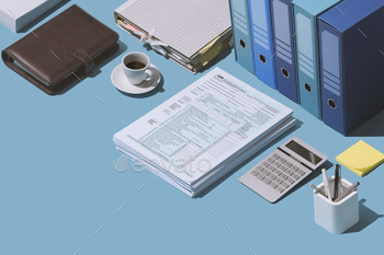 on the office desk, finance and accounting concept, isometric objects