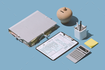 on the office desk, finance and accounting concept, isometric objects