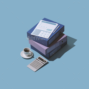 cial reports, paperwork and calculator, isometric objects