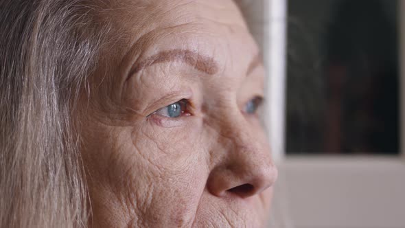 Close Up Portrait of Sad Senior Woman with Blue Eyes Gray Hair and Wrinkled Skin