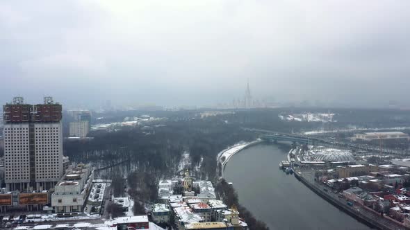 Aerial Shot of City Center of Residential Area in Moscow, Russia. Drone Is Hovering Over the Central