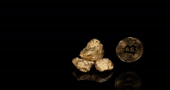 Gold Nuggets and Bitcoins on Black Background, slow motion 4K