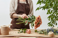 Female florist making beautiful bouquet from living coral color roses on a light background. Process - PhotoDune Item for Sale