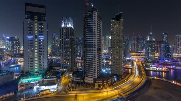 Water Canal on Dubai Marina Skyline at Night Timelapse