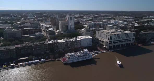 Aerial View of Savannah, Georgia USA Flying Over the Savannah River On a Sunny Day With Ferry Boat D