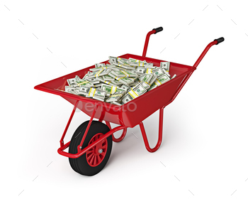 e wealth concept – wheel barrow full of dollars isolated on white background