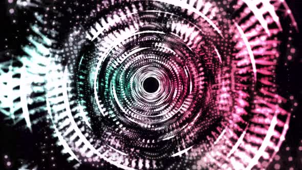 A spinning, abstract, sci-fi tunnel or portal - bright, glowing and colorful mesh