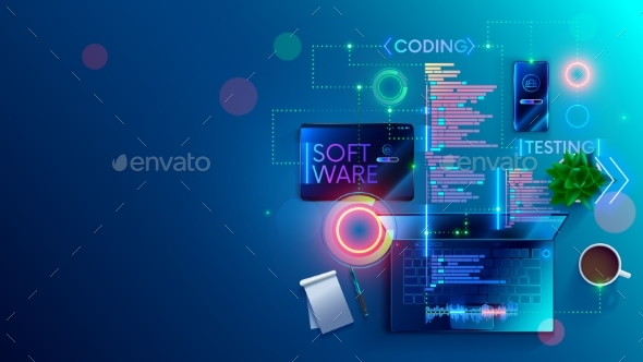Software development coding concept. Programming, testing  code, app on laptop, tablet, phone.