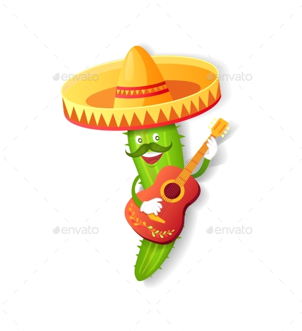 Mexican Cactus in Sombrero with Guitar