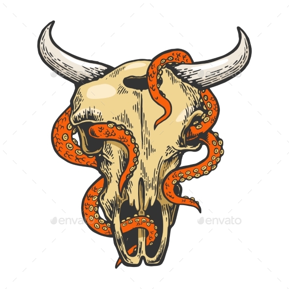 Octopus in Cow Skull Color Sketch Vector
