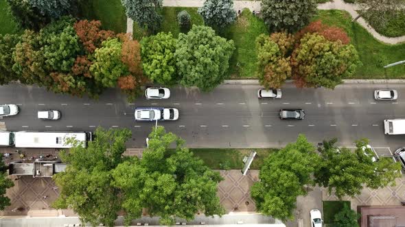  Aerial Top Down View of Traffic Jam on a Car Road and Park