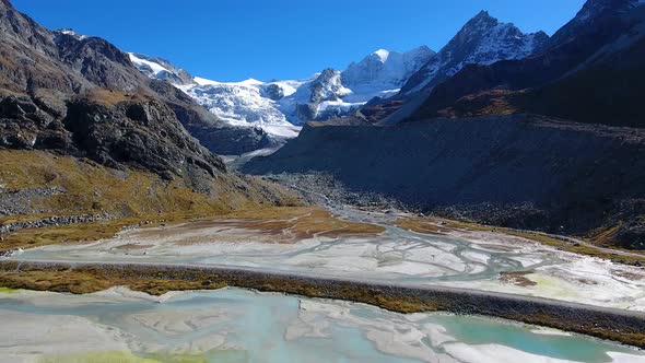 Aerial shot of proglacial area (scientific name is: sandur) with glacier and moraine in the backgrou