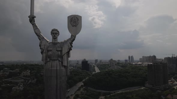 Drone View of Motherland Monument in Kyiv Cityscape and Cloudy Sky