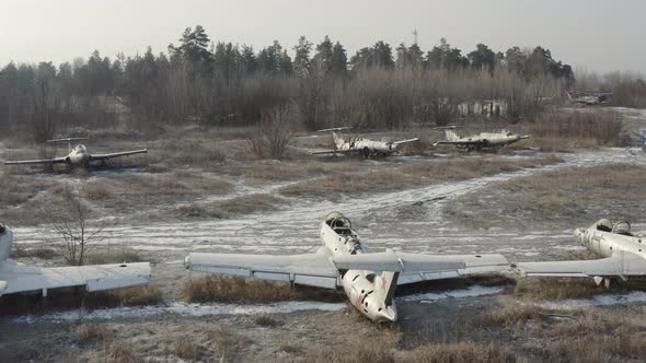 Several Old Abandoned Fighter Jets at the Military Training Ground