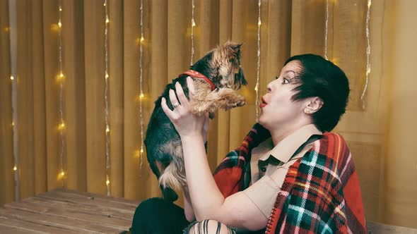 Caucasian Woman Playing with Dog Breed Yorkshire Terrier