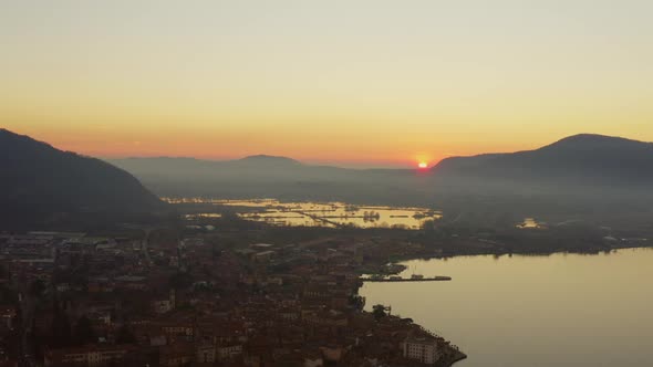 Sunset footage of Iseo Lake in Wintertime.Filmed on Dji Mavic pro 2 10 bit - 4:2:2