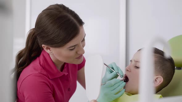 Female Dentist Examinates a Child's Oral Cavity and Claps Into Boy's Hands