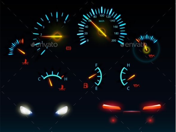 Car Glowing Indicators and Headlights Vector Set