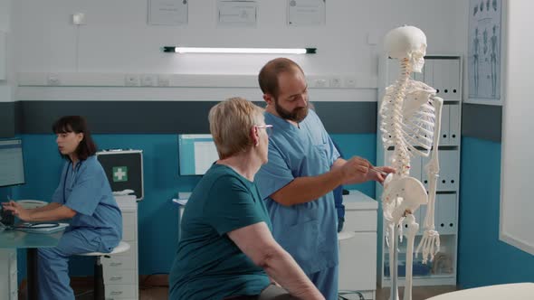 Physiotherapist Pointing at Spinal Cord on Human Skeleton
