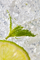 Fresh mint leaf and a slice of lime with bubbles in a glass with ice. Macro photo of refreshing - PhotoDune Item for Sale