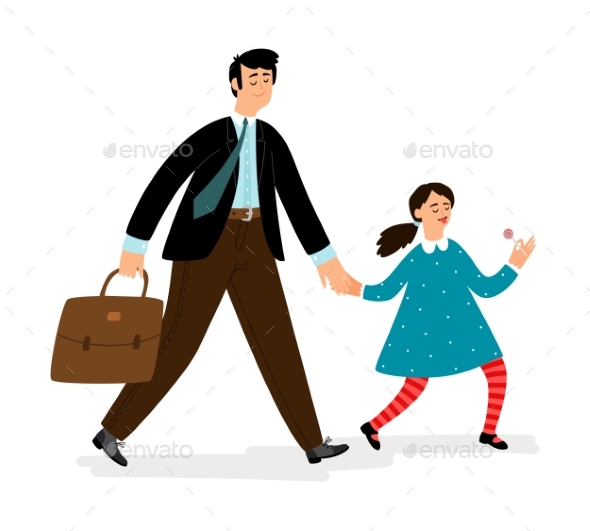 Father with Daughter Going in School Vector