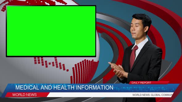 Live News Studio With Asian Male Reporting On Medical And Health, Video Story Show Green Screen