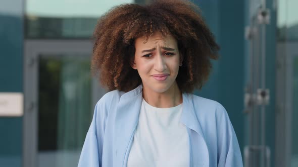 Female Portrait Outdoors Sad Stress African American Girl Young Upset Desperate Woman with Curly