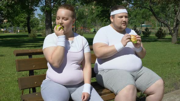 Obese Man Eating Burger, Fat Girl Admiring Apple, Choice of Junk or Healthy Food