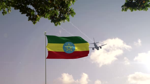 Ethiopia Flag With Airplane And City -3D rendering