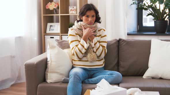 Unhappy Sick Woman in Scarf Coughing at Home 12