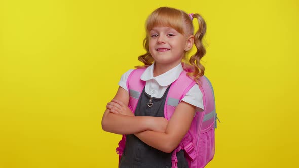 Attractive Blond Teenage Student Girl Kid in School Uniform Wears Pink Backpack Holding Crossed Arms